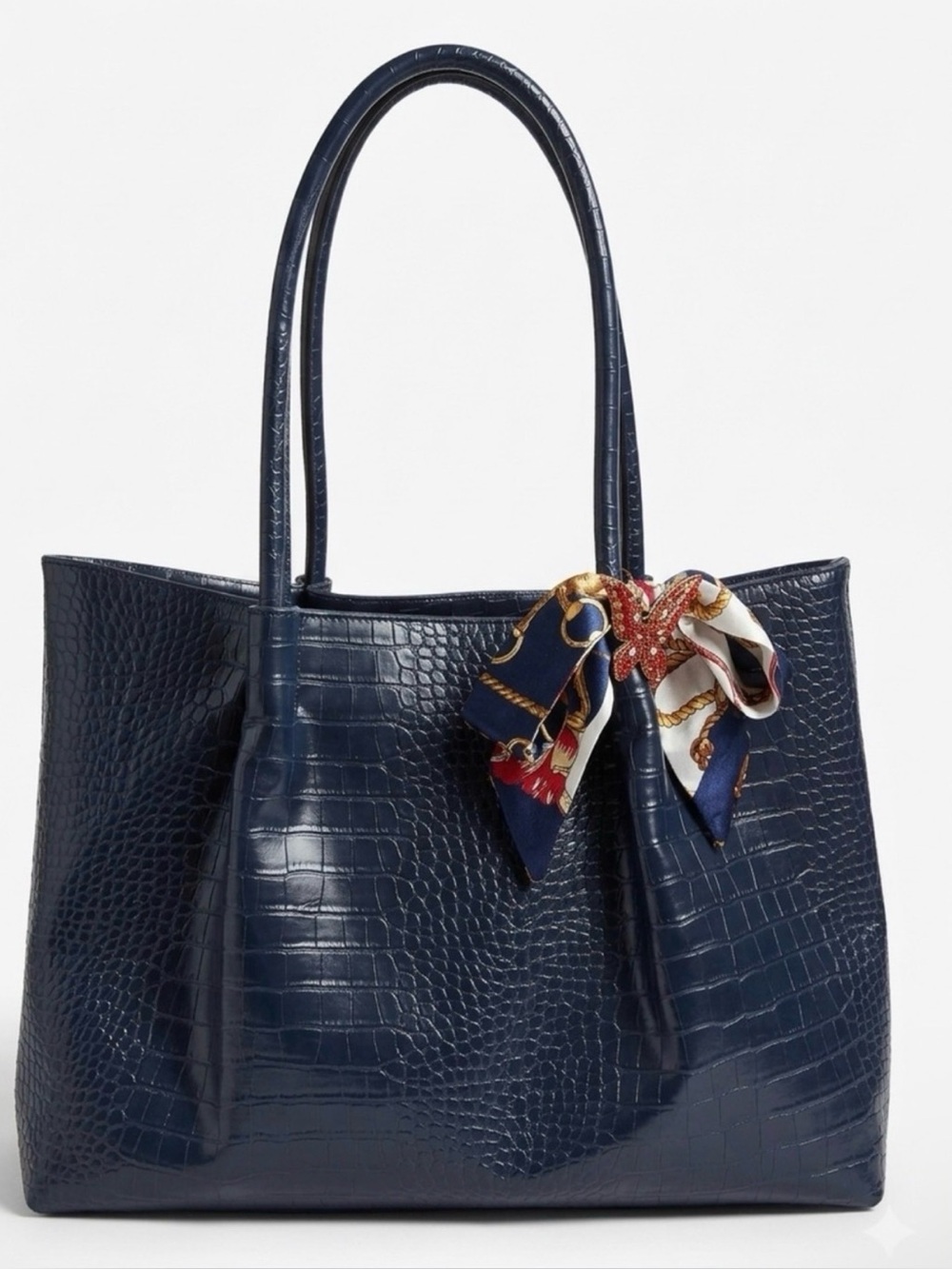 Structured Croc-Embossed Navy Tote with Scarf Accent